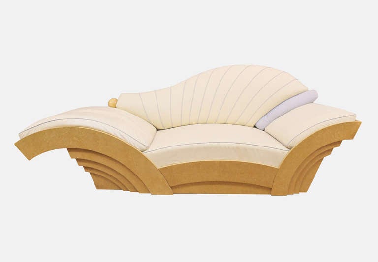 Made in birds eye maple, circa 1970s totally original with original cloth upholstery, cream with pale blue piping.