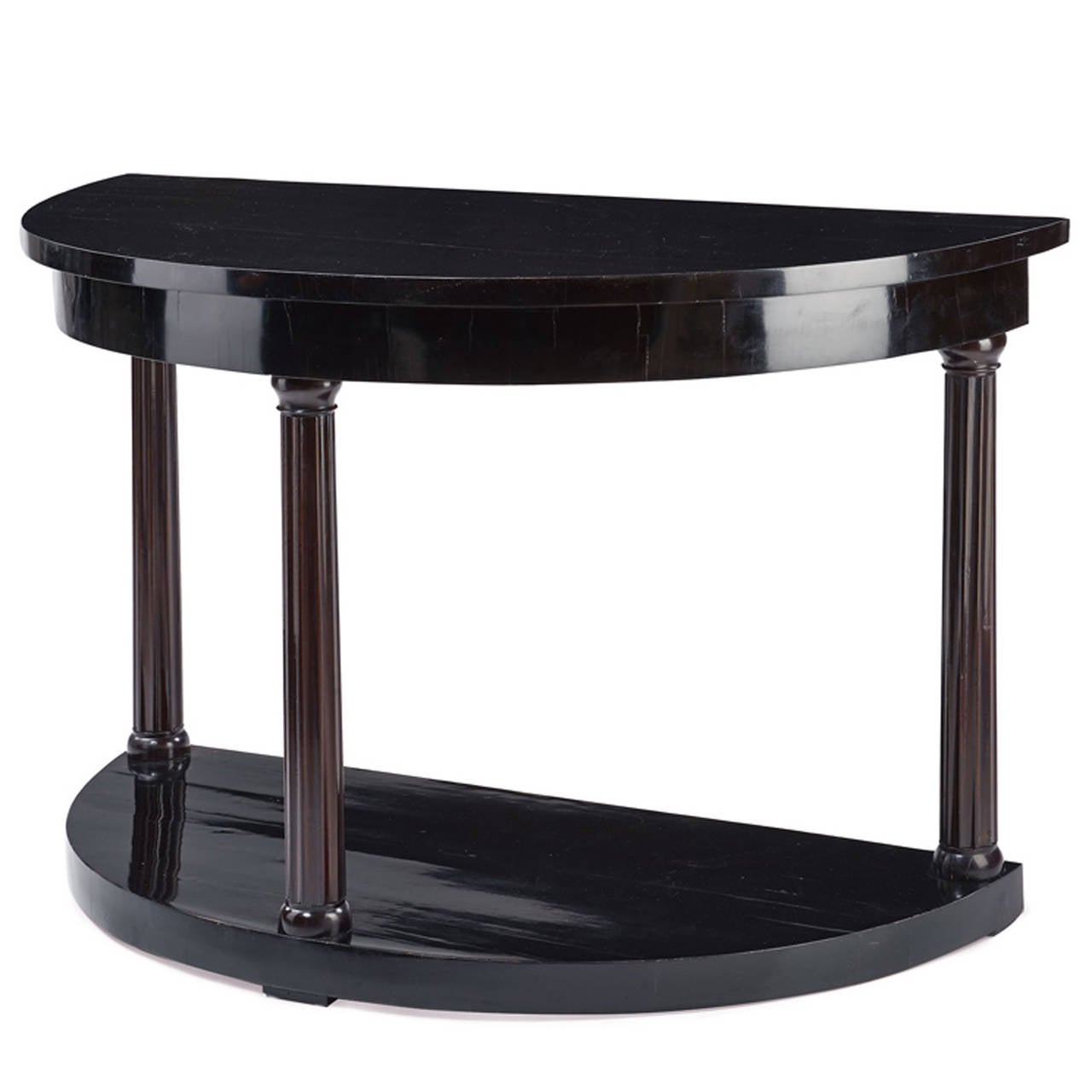 Wonderful ebonised Demi Lune console, Vienna dating about 1825.
Elegant Biedermeier Console on a design by Josef Danhauser,
style typical and world-famous type of the famous Viennese architect.
Half round base plate, veneered back