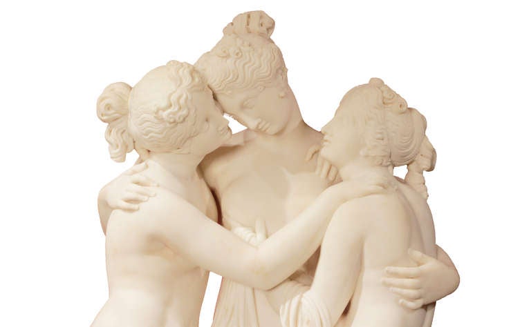 Very finely made marble sculpture showing The Three Graces in the manner of Antonio Canovas famous sculpture. Canovas statue of The Three Graces is a Neoclassical sculpture of the mythological three charites, daughters of Zeus: Euphrosyne, Aglaea