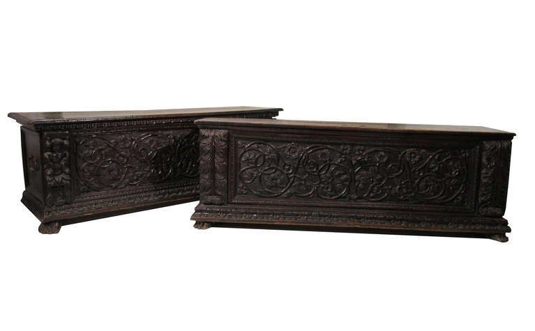 Pair of beautiful Renaissance trunks dating from the 17th century made from solid walnut with sculptured paw legs. Provenance: the famous Prince of Wittgenstein