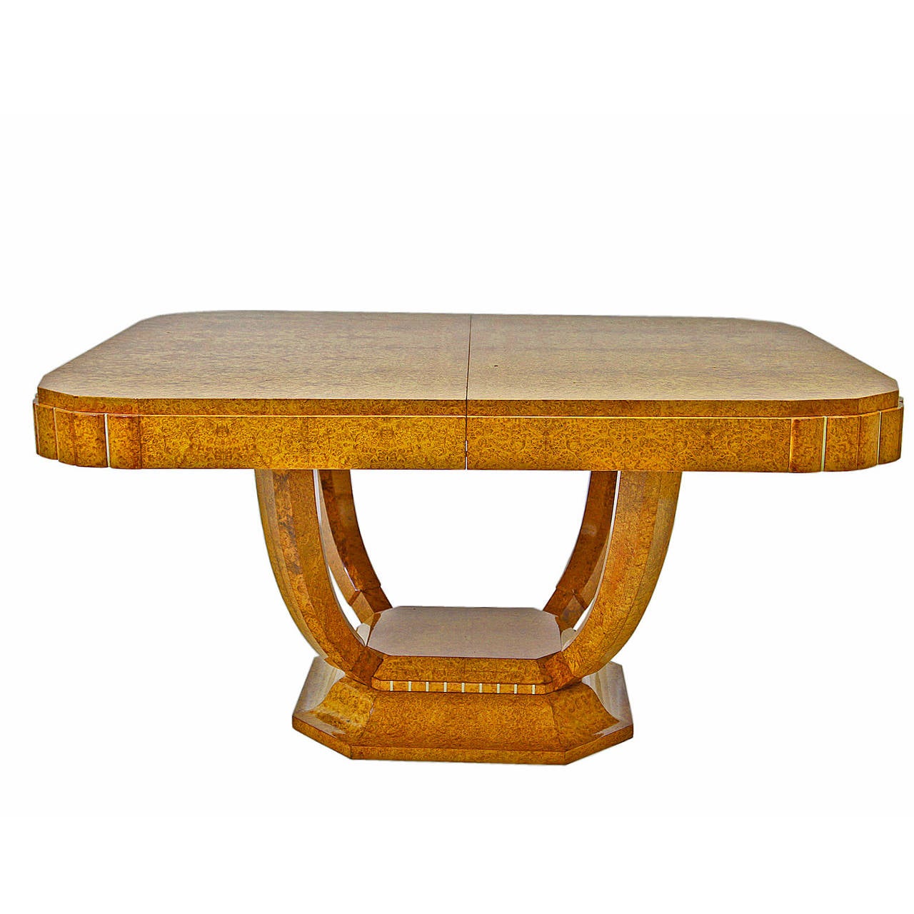 Gorgeous french Art Deco Table in style of Maurice Dufrene, dating from the 1920's .
Thuja burlwood.
Dimension with the white extension board HxWxD: 30 x 81.1 x 45.3 inches    (76 x 206 x 115 cm).