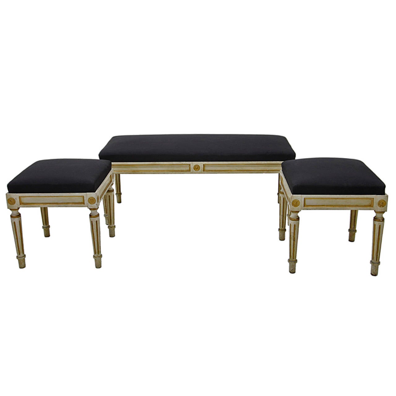 Wonderful pair of  french Stool and Bench in Louis-Seize style, golden painted, dating from the 1880´s.
Dimension Bench: HxWxD: 20.1 x 47.2 x 17.7 inches (51 x 120 x 45 cm)
Dimension Stool: HxWxD: 20.1 x 17.7 x 17.7 inches (51 x 45 x 45 cm)