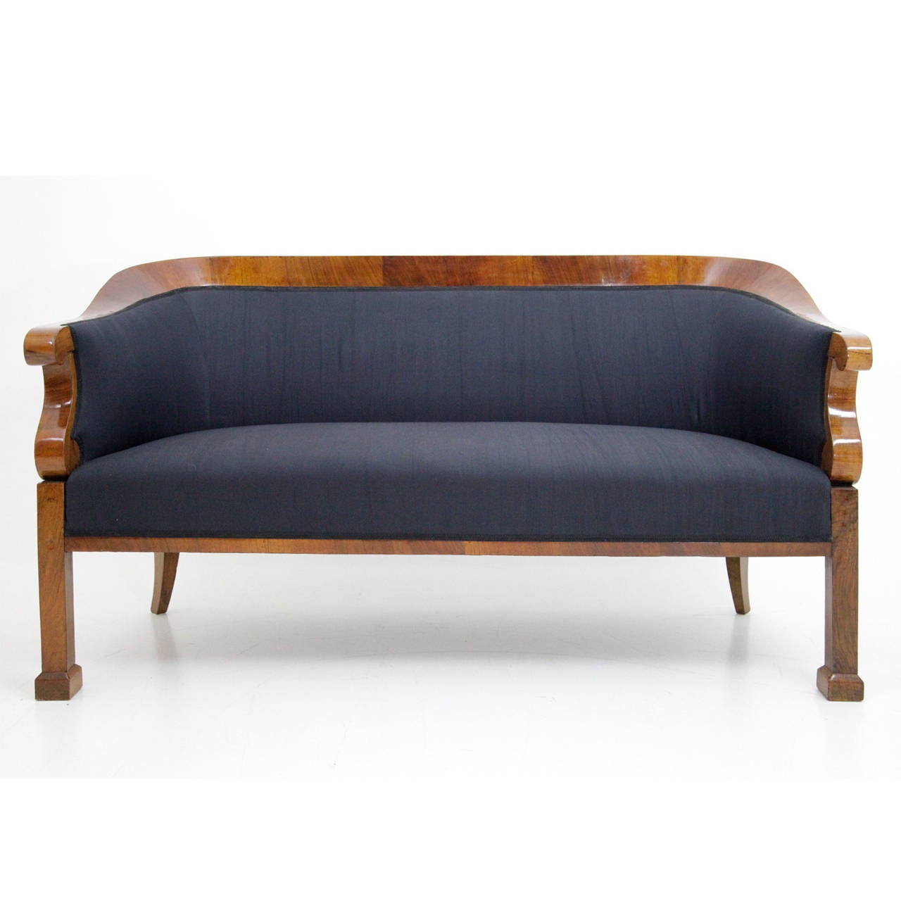 Beautiful Seating Ensemble consisting of a Bench and a pair Bergère in Biedermeier style, 2nd half 19th Century, Danube Monarchy. 
Walnut veneer, the upholstery fabric is held in a beautiful midnight blue.
Wide of the bench: 57.1 inches (145 cm)