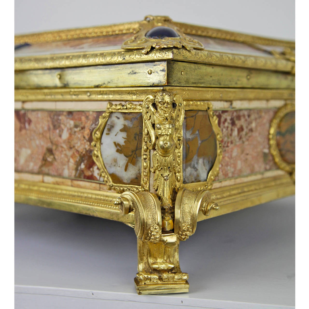 French Stunning Document Casket with Marble and Semi-Precious Stones Occupied