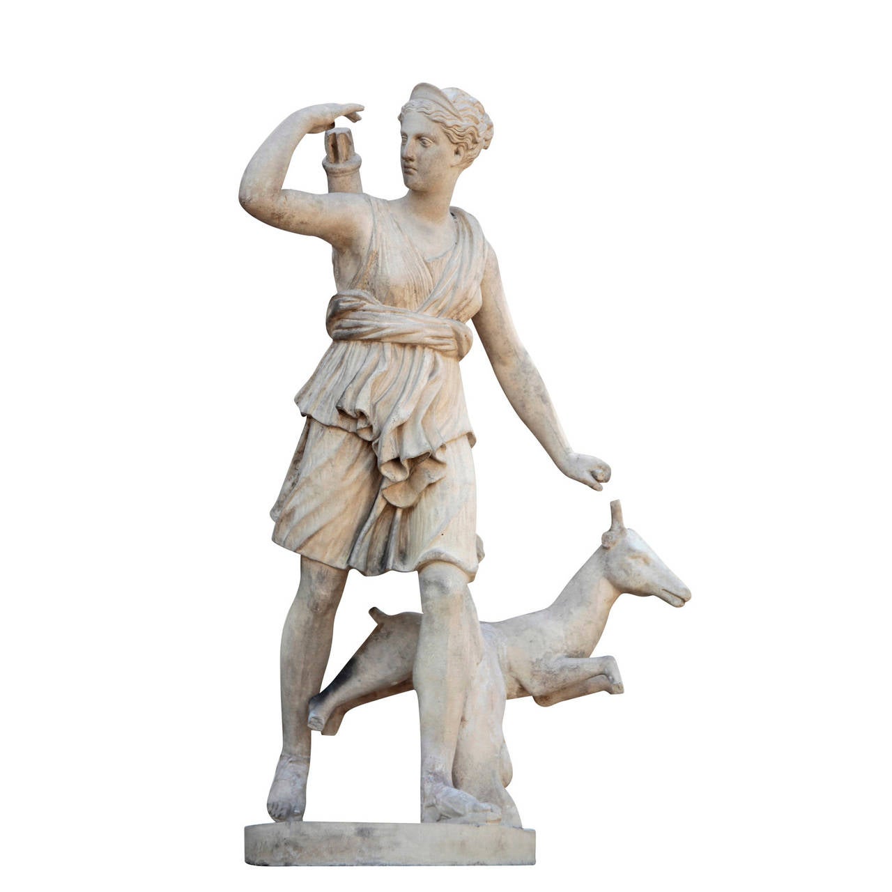 Pair of French sculptures, Diana and Apollo, from the second half of 19th century, made of terracotta and sandstone (plinth).
Copies after the so-called ‘Diana of Versailles’ and ‘Apollo Belvedere.’
Dimensions: 61.8 x 27.6 x 19.7 inches and 61 x