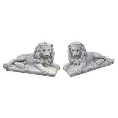 Pair of Lying Sandstone Lions from the 20th Century
