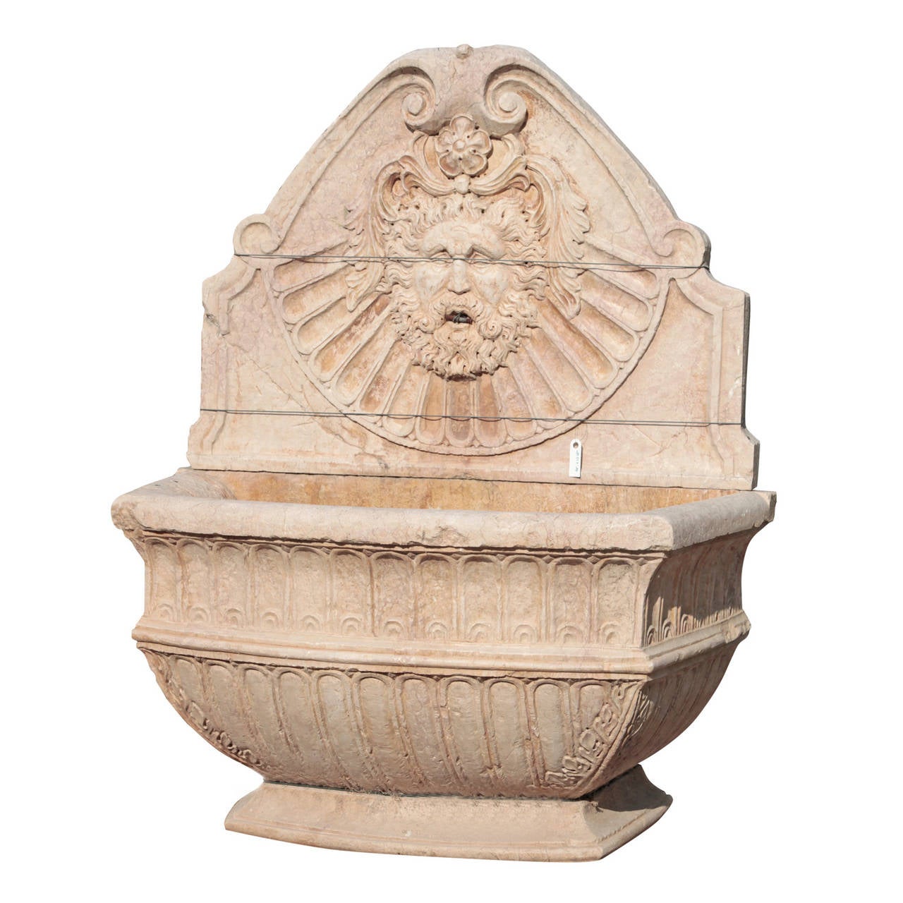 Magnificent Italian Rosso Verona Wall Fountain from the 20th Century.
The wall fountain is made out of bright rosso verona marble in the style of the 16th century. It has a bellied base and a sprawling basin with convex and concave curves. It is