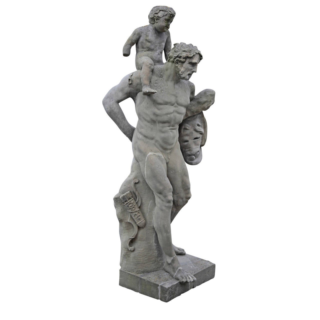 Stunning German Herakles Statue, circa 1720s, presumably from Franconia. Herakles with his typical attributes of lion skin, club, bow, and quiver, is carrying a child on his back to demonstrate his strength.
In restored condition.