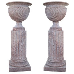 Pair of Monumental Italian Marble Vases with Pedestals from the 20th Century