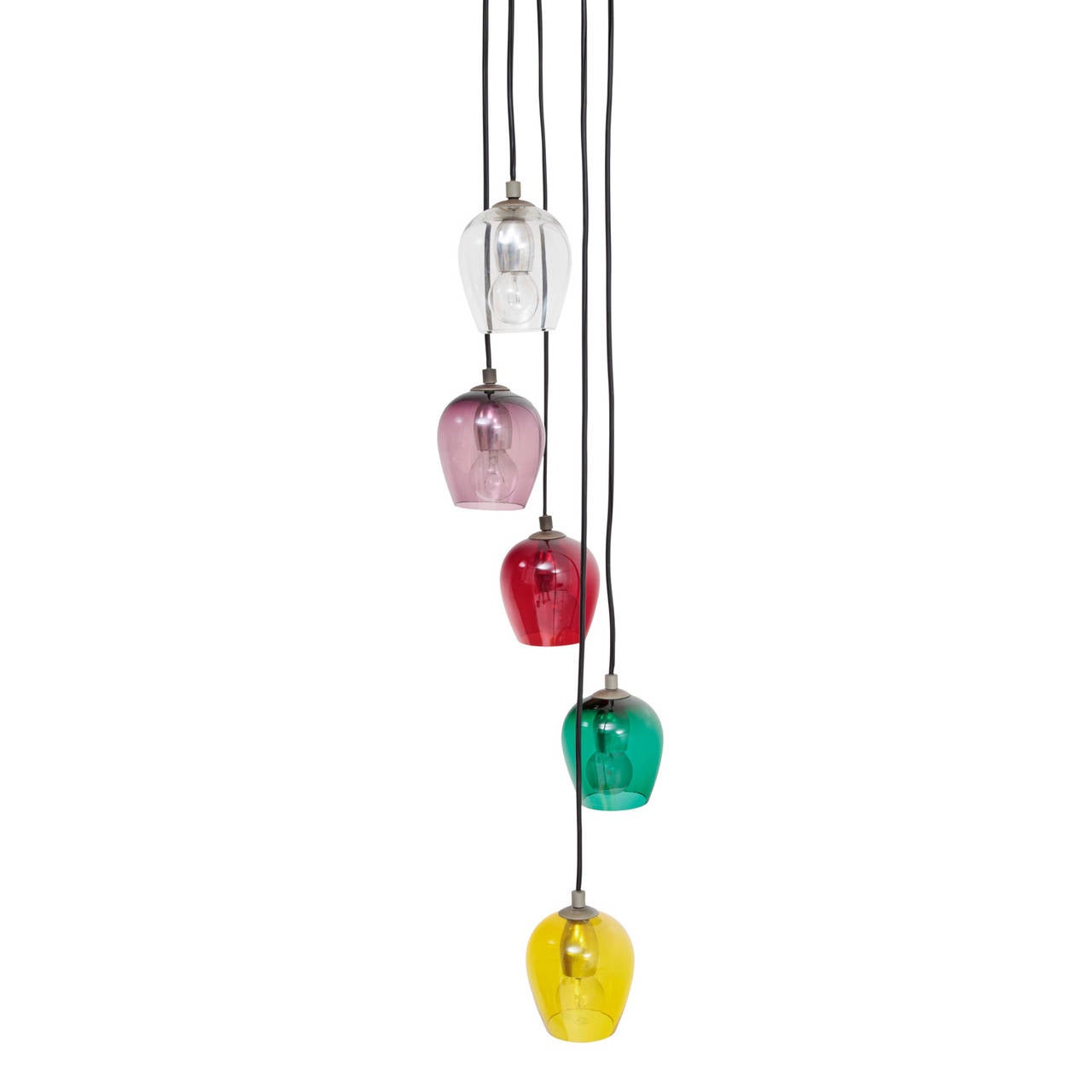 Low hanging ceiling lamp with five cup-shaped glass shades in different colours. The shades surround each other at different heights, so they form a spiral shape. A very modern and decorative object.