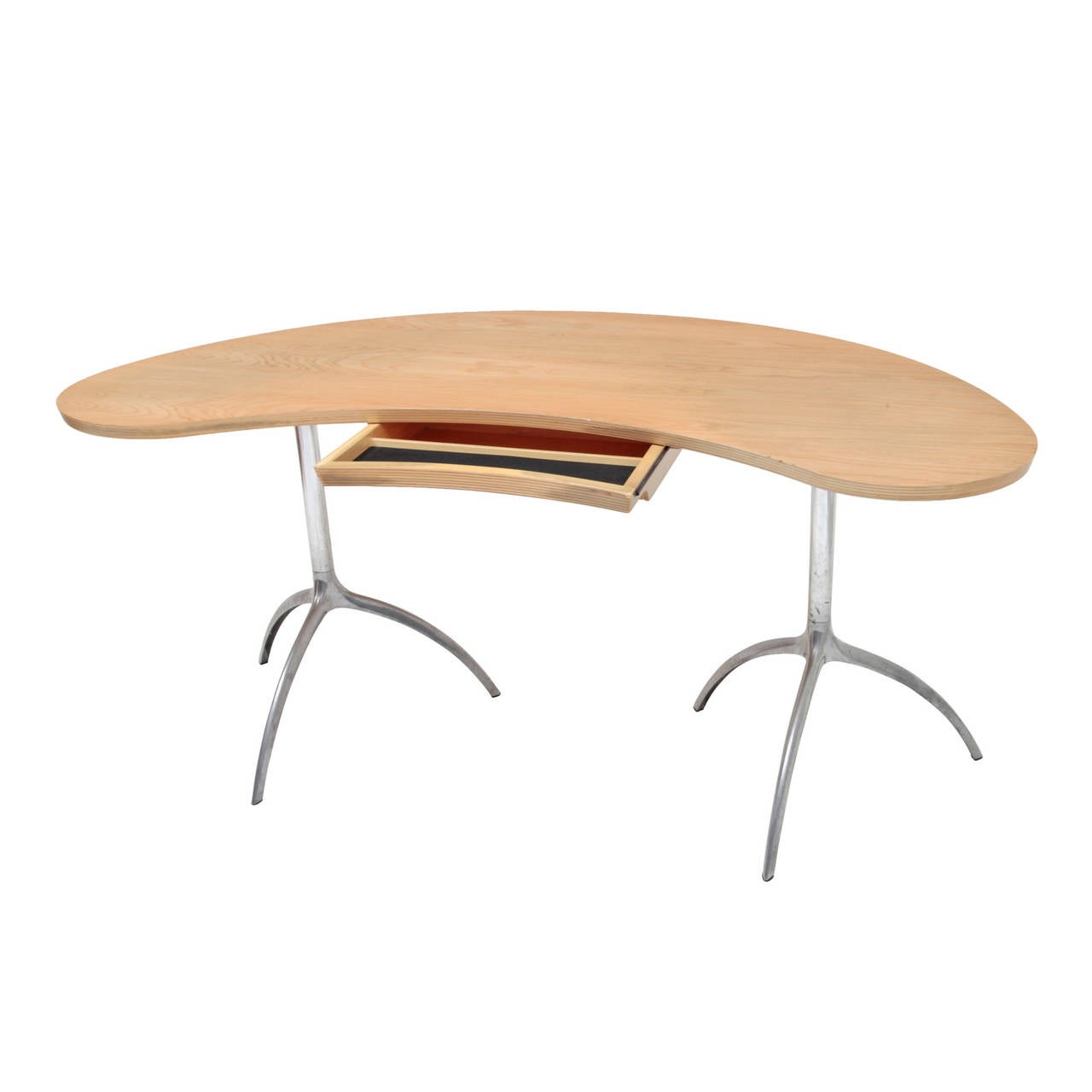 The table has a kidney-shaped table top with a small drawer and stands on two thin legs with a conical shaft and a tripod stand.