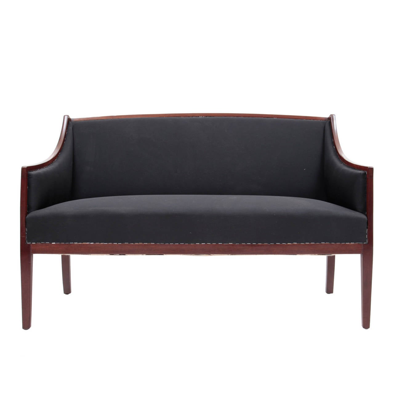 Wonderful French Art Deco bench with elegantly curved armrests, which rise towards the backrest. 
The backrest is slightly curved. The bench stands on four tapered legs, the rear legs are slightly bend. Backrest, seat, and armrests are upholstered
