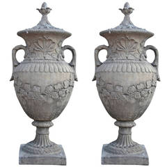 Pair of Monumental Garden Urns in Neoclassical Style, Cast Standstone