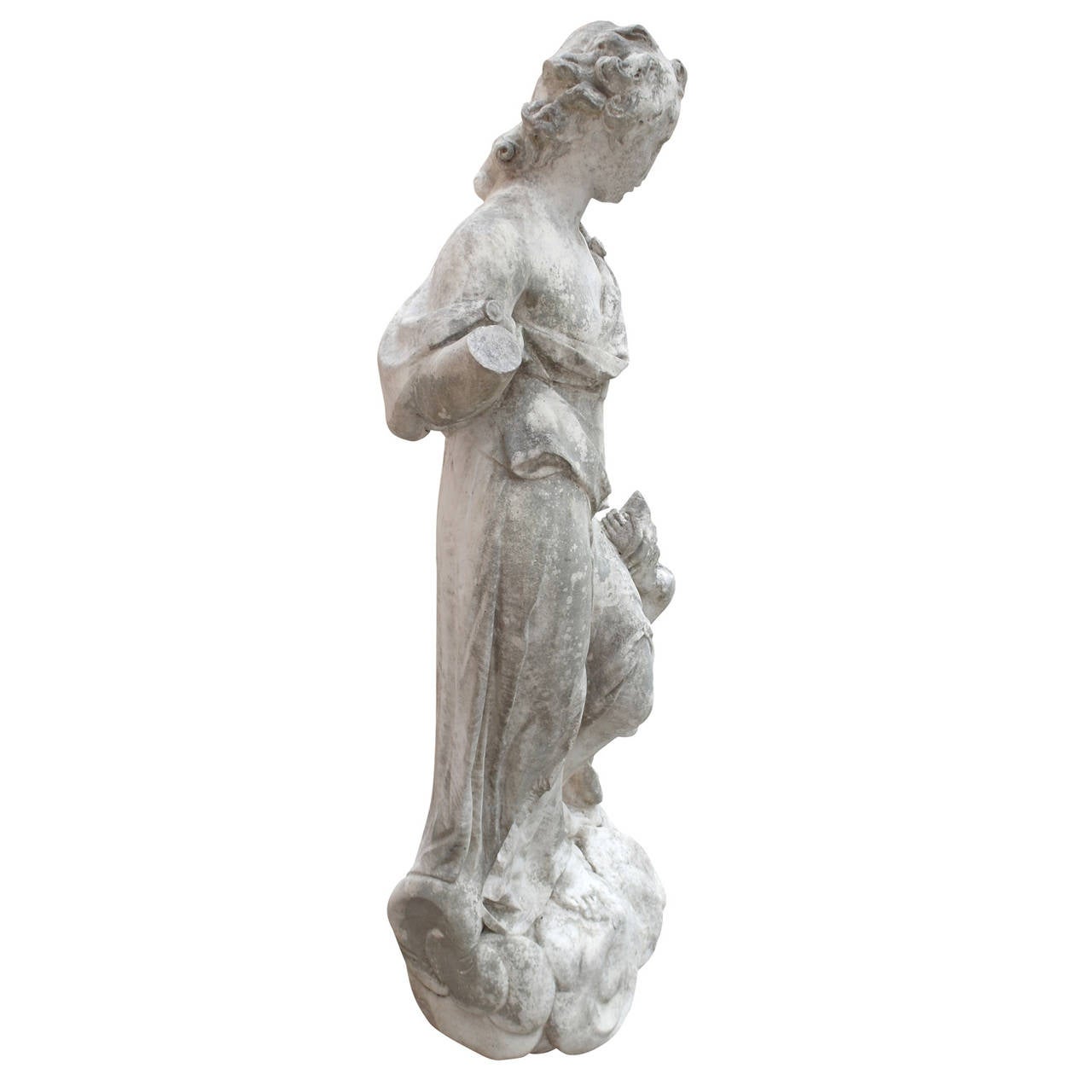 The female statue lost both her arms and her head is slightly weathered. Her Body is wrapped in a thin cloth that follows her contours. Next to her is the body of a small Putto without his head, recognisable due to the remaining roots of his wings.