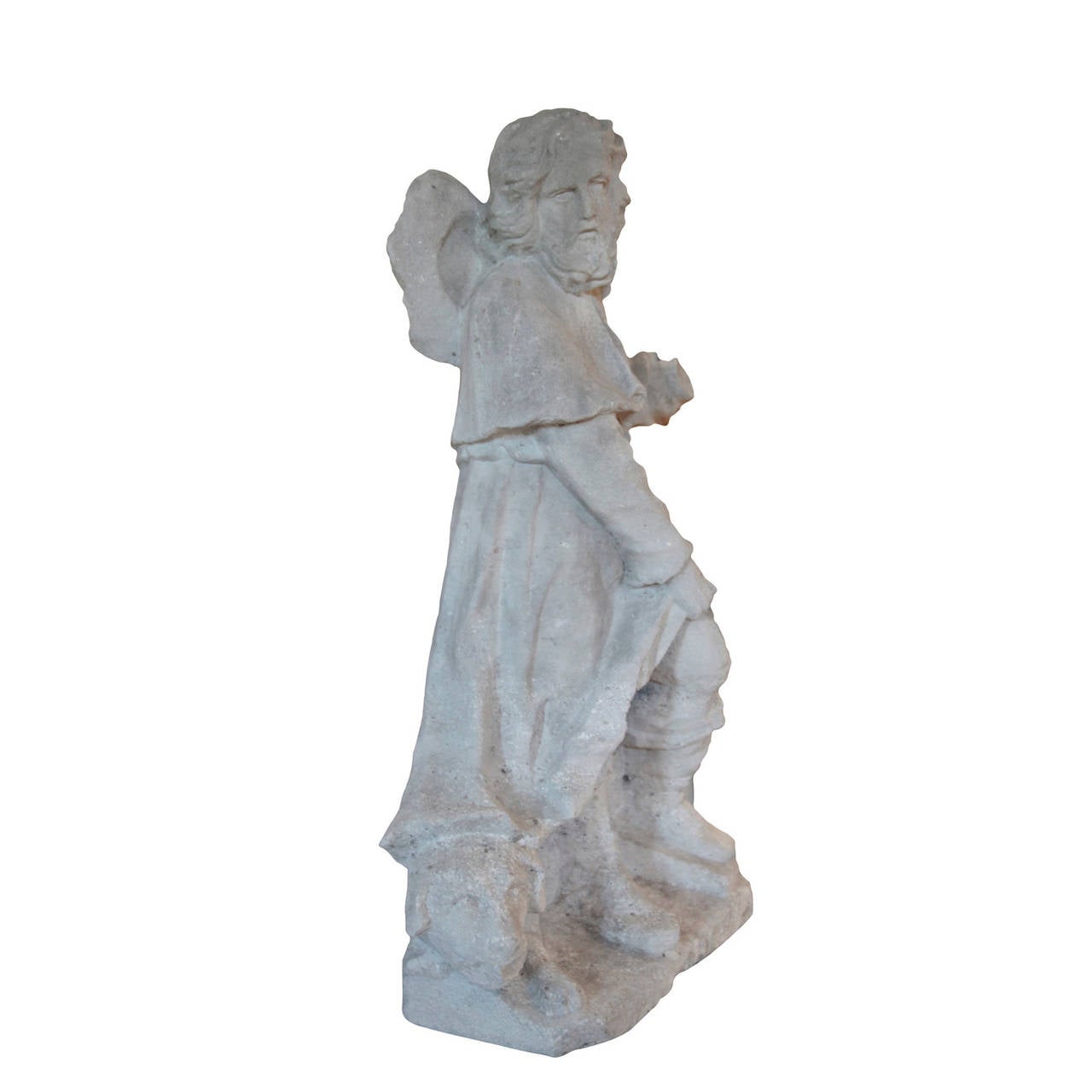 Elegant Austrian Sandstone Statue of Saint Roch from the 18th Century.
Positioned in animated contrapposto with free leg and supporting leg.
Depicted with his attributes: dog with bread, pilgrim’s hat and wound at the thigh.
Head with bearded