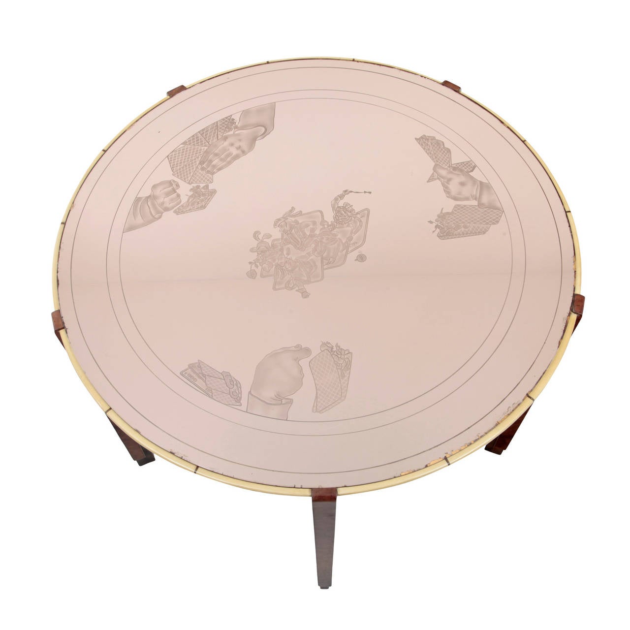 Amazing Game Table by Fontana from 1941. 
The table stands on five straight wooden legs. The round table top has a light beige rim and a rose coloured glass pane. This glass pane is decorated with etched motives of hands that hold playing cards.
