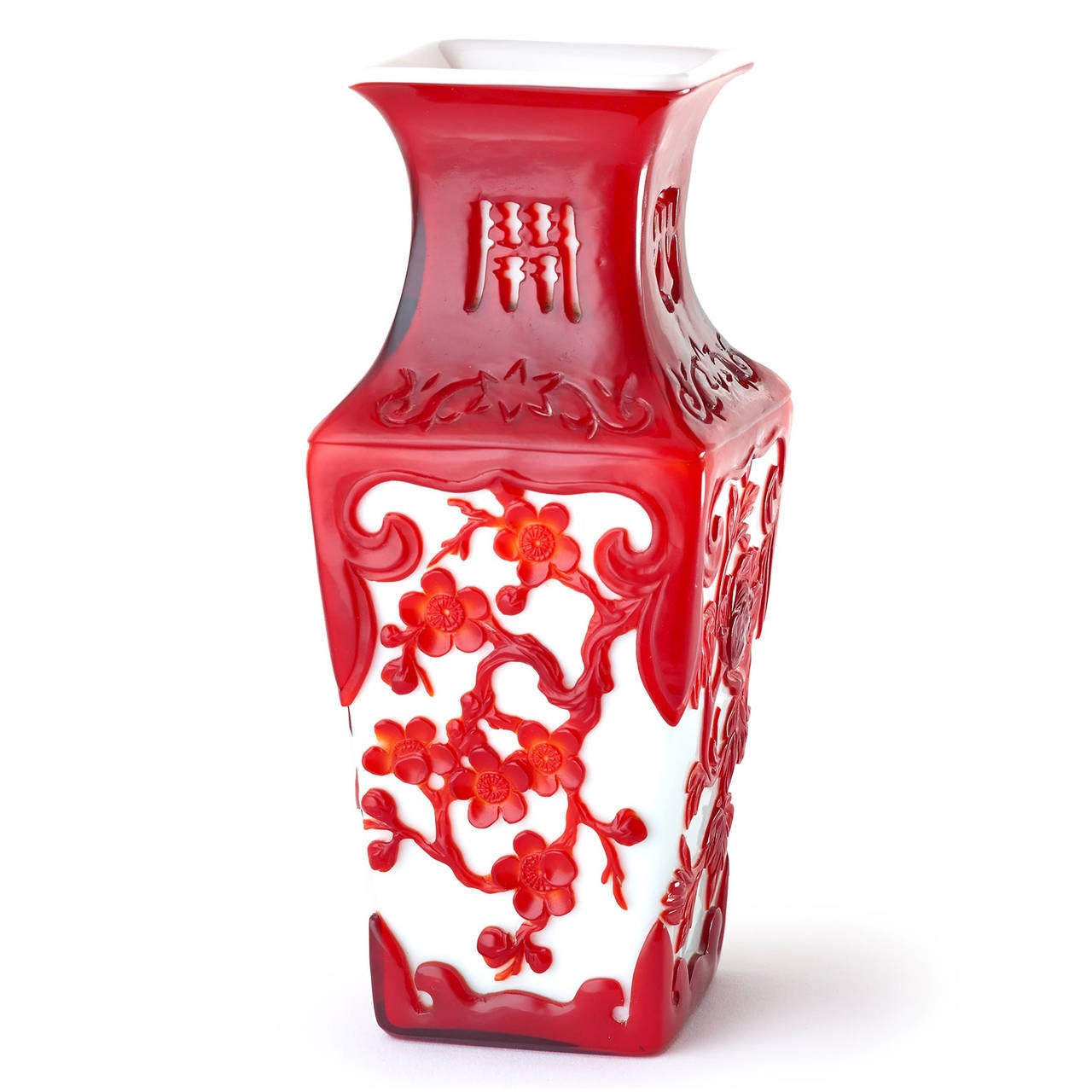 White with red ornaments, every side with another blossoms branch, the neck vase is decorated with luck symbols.