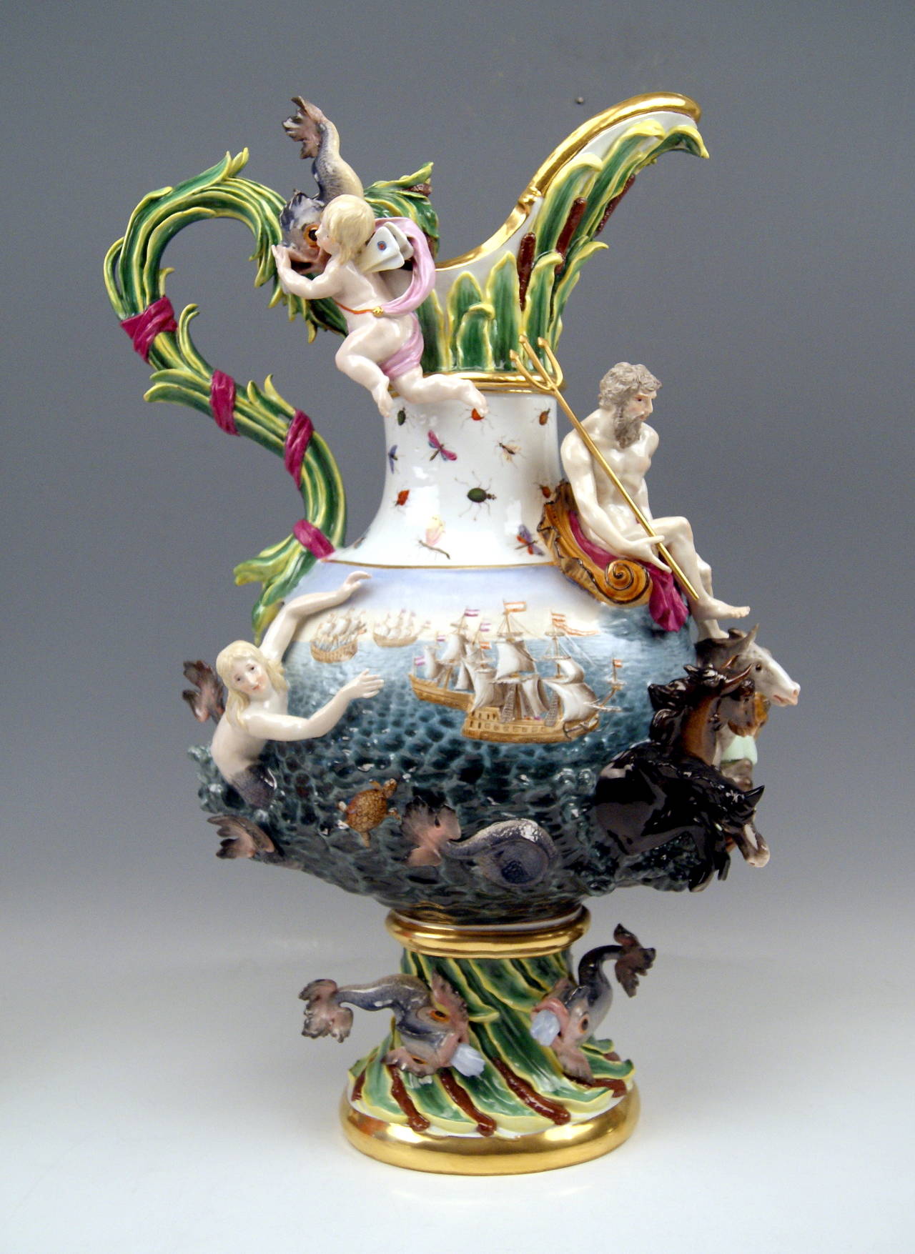 Meissen gorgeous as well as huge ewer:  
It derives from a series of FOUR ELEMENTS - this ewer symbolizes  WATER.
DATING:           made 19th century    (circa  1850)
MATERIAL:       white porcelain, glossy finish, finest painting 
TECHNIQUE:   