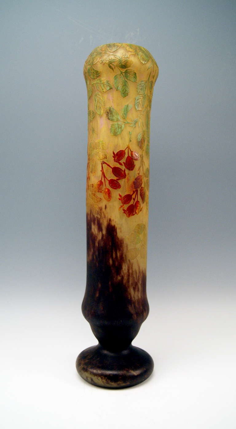 Daum Nancy Art Nouveau huge vase - standing 23 inches high - of tube type made in France / Lorraine, circa 1906. Stunningly manufactured casing glass with brownish - orange - yellow powder meltings. Gorgeous enamel paintings decorate vase's surface: