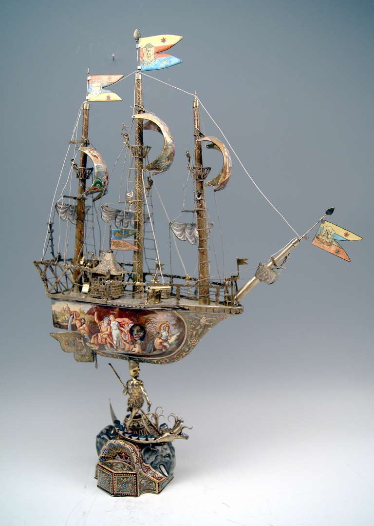Victorian Viennese Silver Sailing Ship with Enamel Paintings made circa 1870
