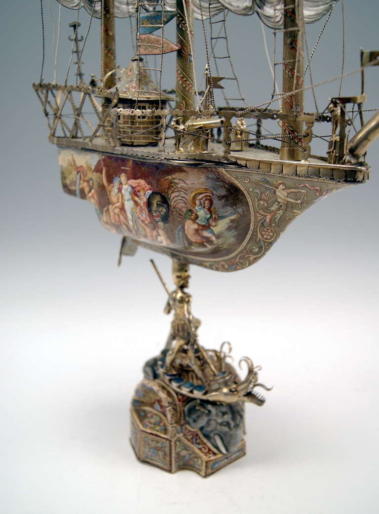Austrian Viennese Silver Sailing Ship with Enamel Paintings made circa 1870