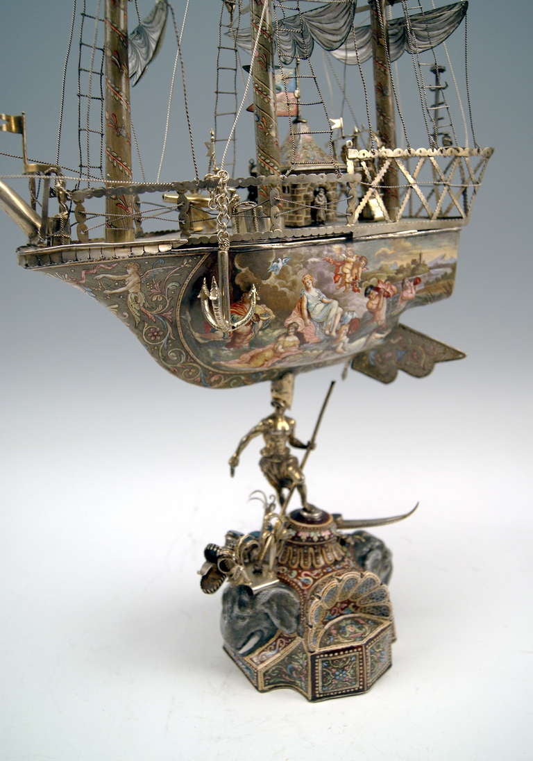 Viennese Silver Sailing Ship with Enamel Paintings made circa 1870 In Excellent Condition In Vienna, AT