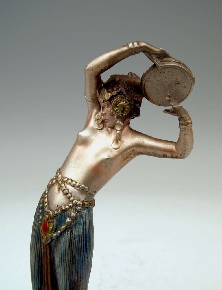 Art Nouveau Vienna Bronze by Bruno Zach Arab Woman Playing Tambourine circa 1900 Argentor Vienna