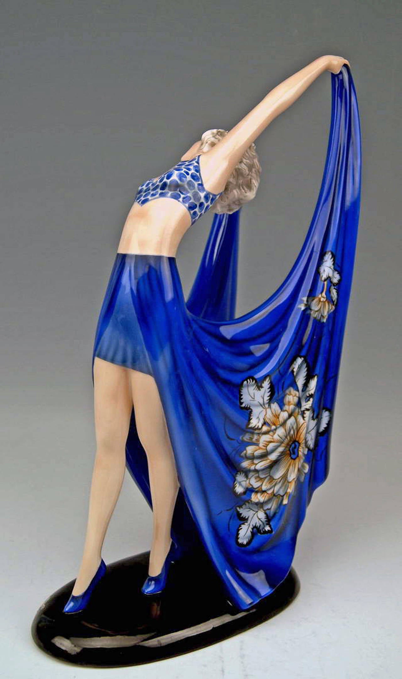 Art Deco Goldscheider Vienna Lady Dancer Blue Dress By Stefan Dakon C.1938