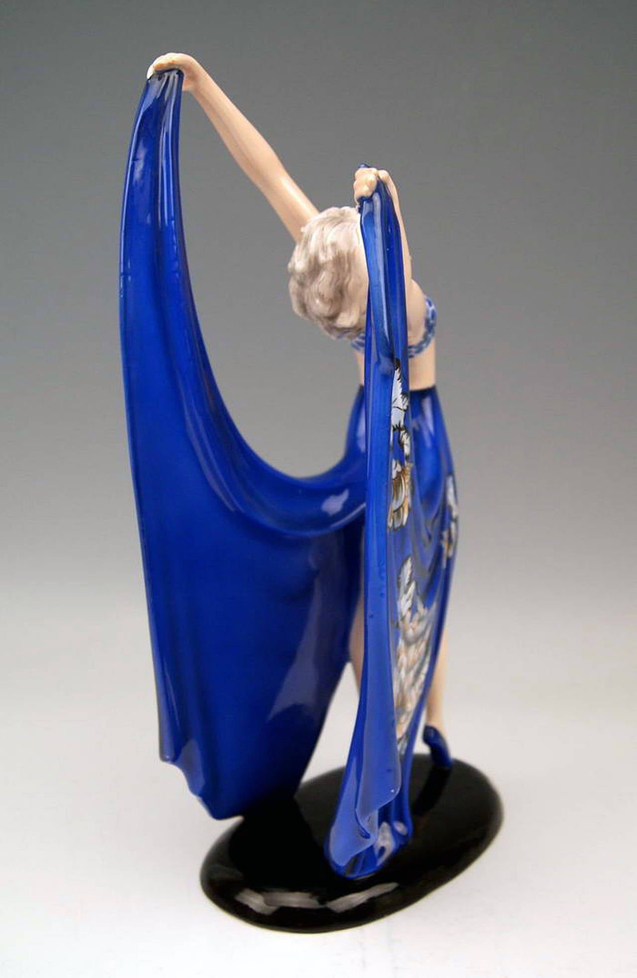 Glazed Goldscheider Vienna Lady Dancer Blue Dress By Stefan Dakon C.1938