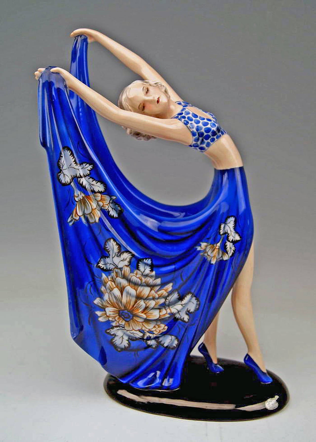 Mid-20th Century Goldscheider Vienna Lady Dancer Blue Dress By Stefan Dakon C.1938