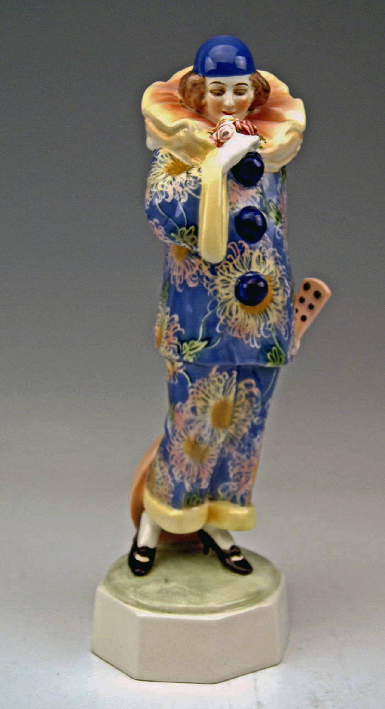 GOLDSCHEIDER VIENNA FEMALE PIERROT FIGURINE WITH LUTE BY JOSEF LORENZL c.1925-30 at 1stDibs