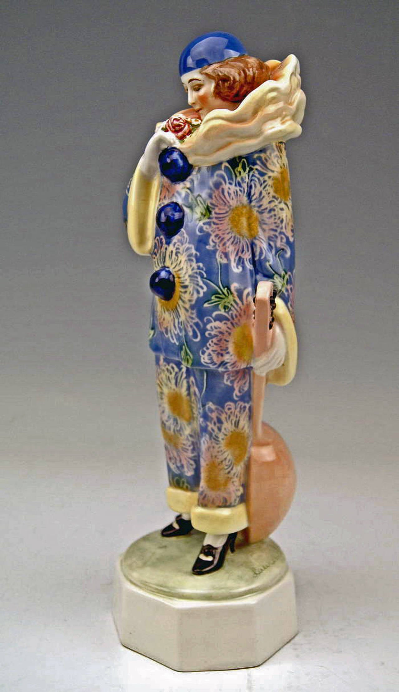 Glazed GOLDSCHEIDER VIENNA FEMALE PIERROT FIGURINE WITH LUTE BY JOSEF LORENZL c.1925-30
