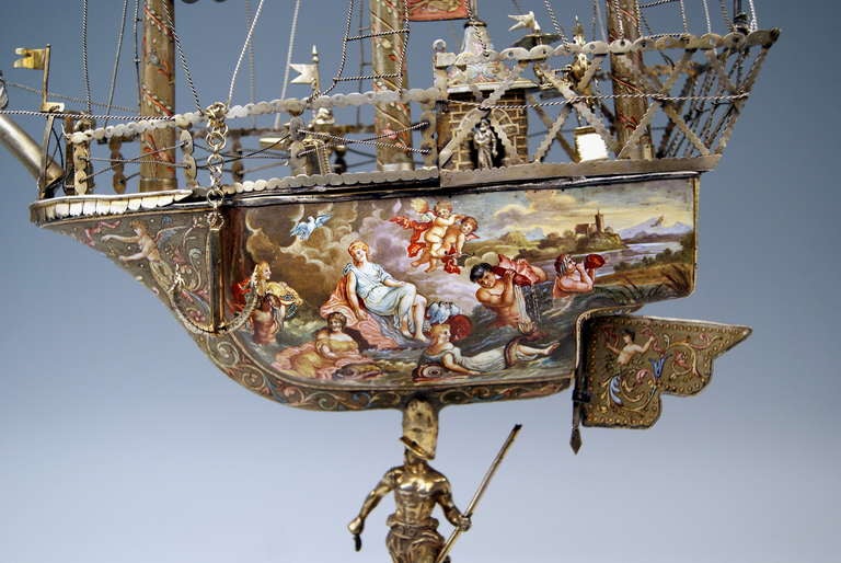 19th Century Viennese Silver Sailing Ship with Enamel Paintings made circa 1870