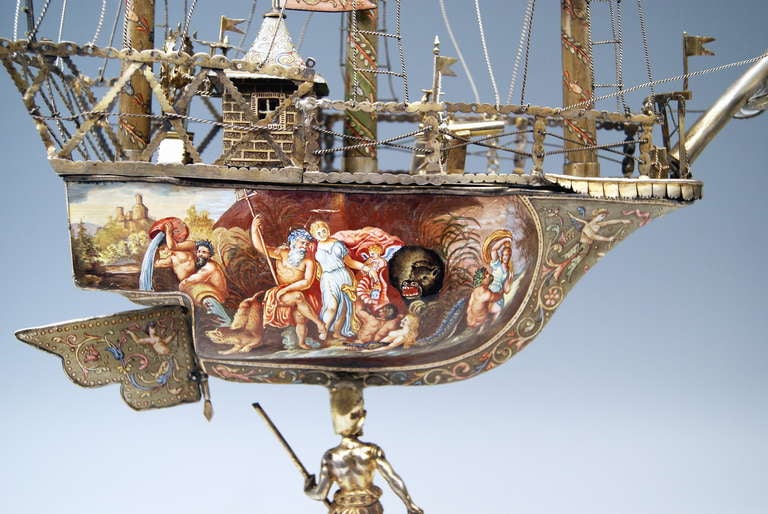 Viennese Silver Sailing Ship with Enamel Paintings made circa 1870 1