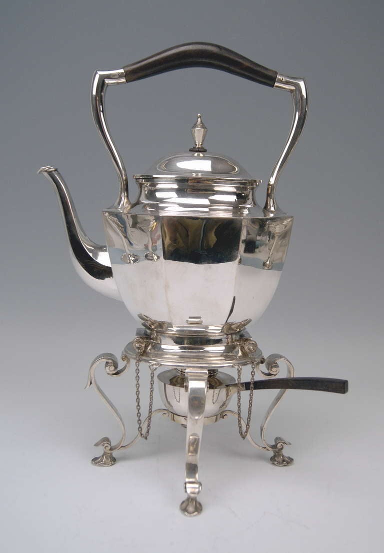 FINEST SILVER CZECH ART DECO SAMOVAR:
--  the large samovar has to be attached to the chafing dish by suspension  /
--  the tea pot's eight-sided surface is divided into facet-like segments  /
--  the original burner is preserved, too  /