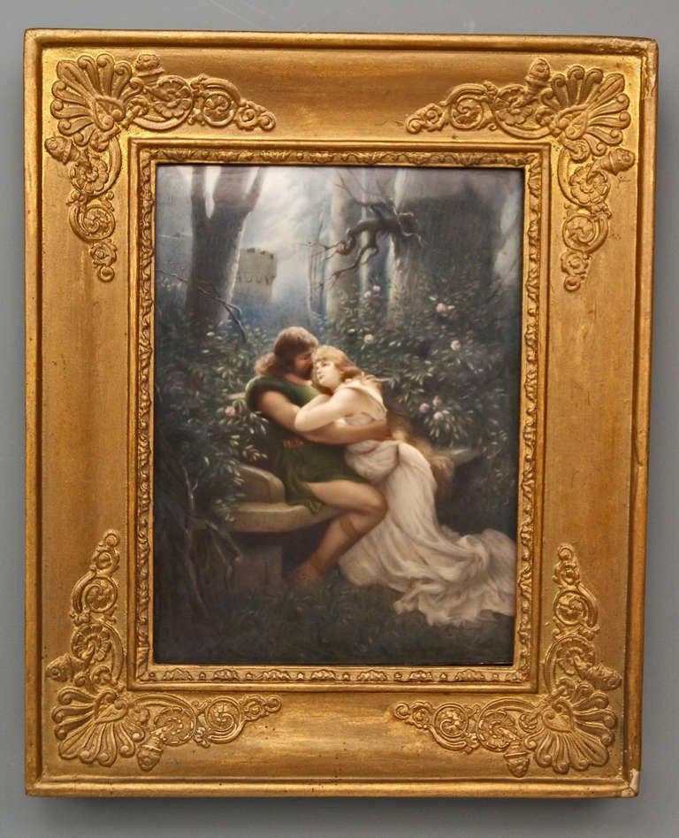 KPM BERLIN GORGEOUS PORCELAIN PICTURE PAINTING: 
The picture shows  TRISTAN AND ISEULT,  being situated in boondocks / back country: A castle is visible in background;  the loving couple sits on a stone bench, embracing each other - they are