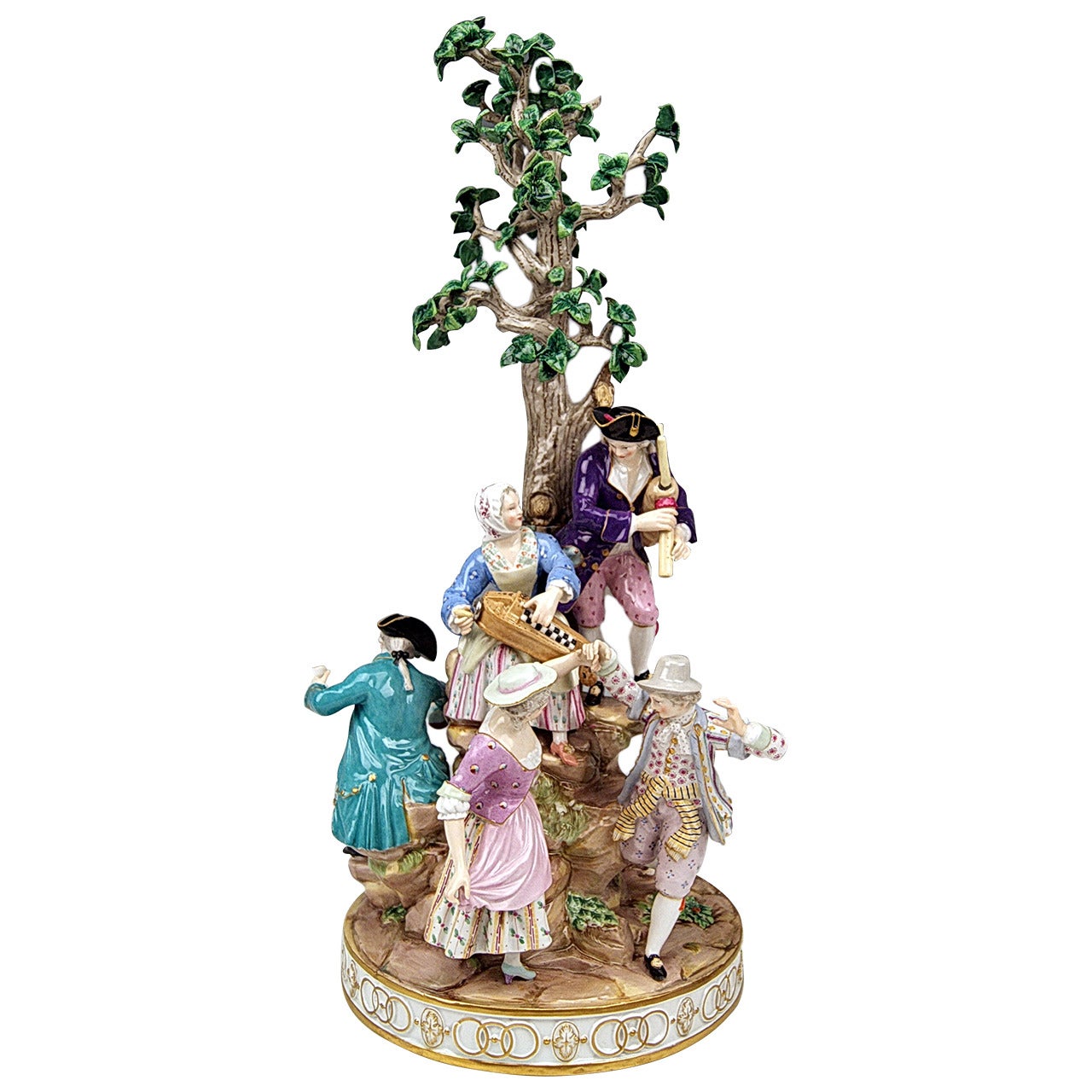 Meissen Tall Group Of Gardener Figurines Musicians By Acier C. 1870