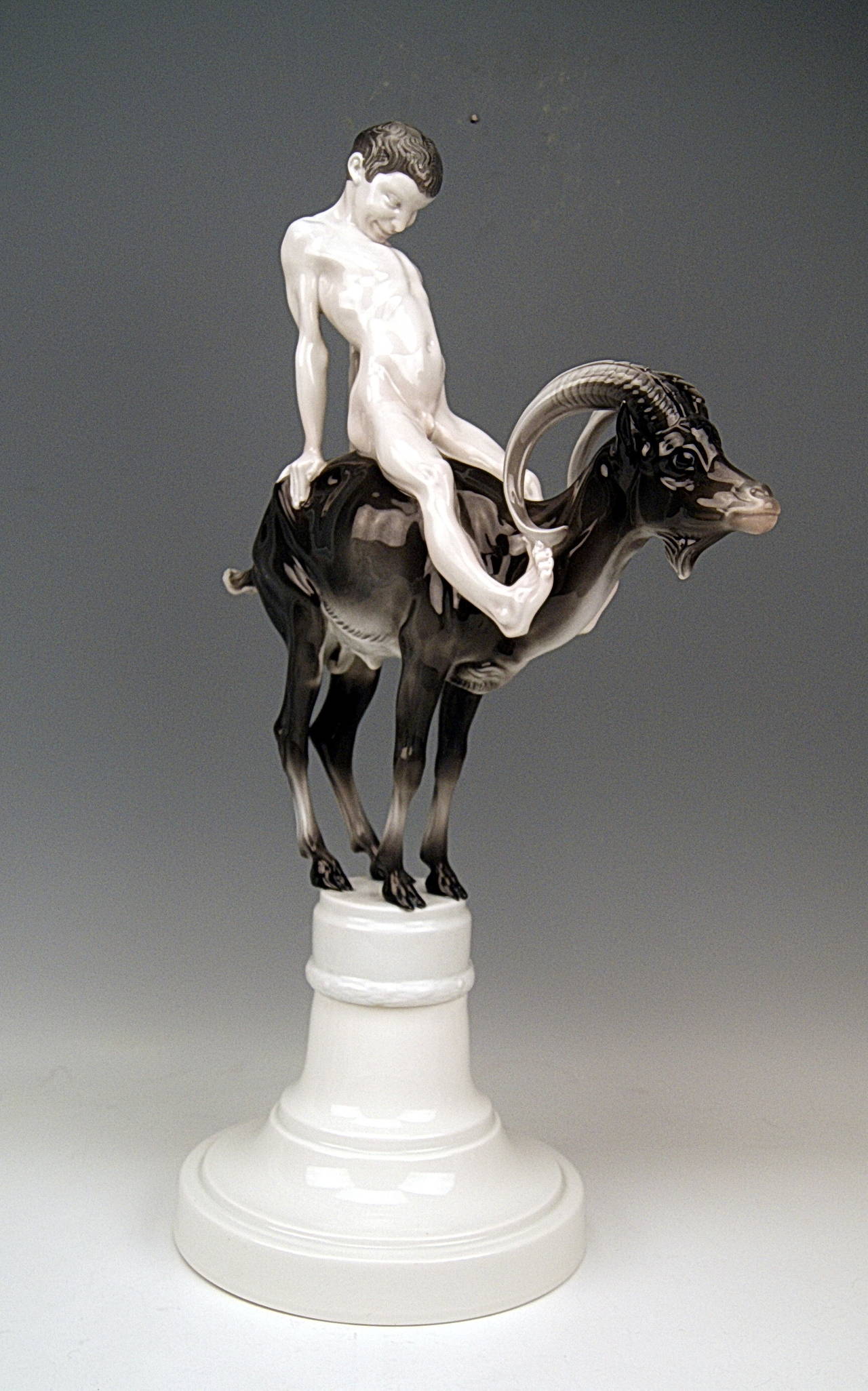 Rarest Rosenthal Selb Bavaria Figurine due to size:  
  HEIGHT: 61.0  cm  ( = circa 24.4 inches )
  WIDTH:  35.5  cm  ( = circa 14.2  inches) 
  diameter of base:  23 cm   ( = circa 9.2  inches ) 

Gnome Riding on Capricorn 