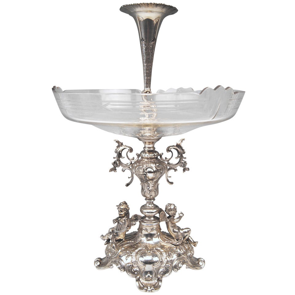 Silver German Centerpiece with Original Glass Liner Historicism circa 1890