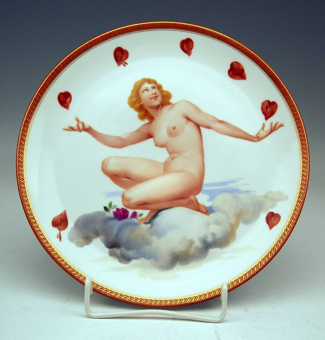 MEISSEN GORGEOUS PICTURE PLATE OF FEMALE NUDE ART NOUVEAU PERIOD 

Manufactory: Meissen
Hallmarked:  Blue Meissen Sword Mark with Pommels on Hilts  (underglazed)
MODEL NUMBER  N  117   /   FORMER'S NUMBER  62
FIRST QUALITY  
Dating:    made
