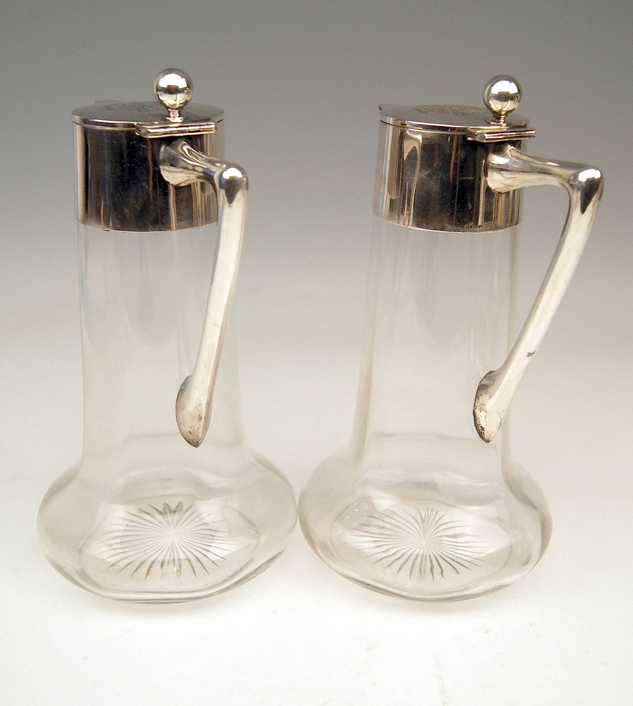 Art Nouveau German Silver Glass Decanter Carafes with Silver Mounting by W. Binder c.1900