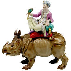 Antique Meissen Figurine Turkish Man on Rhinoceros Model by Kaendler circa 1850