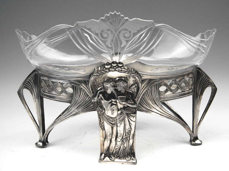 German Wmf Art Nouveau Flower Dish JardiniÉre Silver-plated Original Glass Liner C.1900