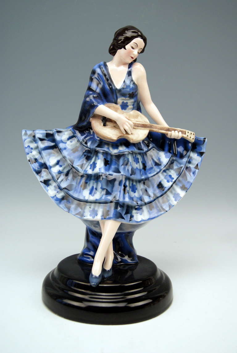 Goldscheider Vienna Lady Playing Guitar by Josef Lorenzl made circa 1930-35