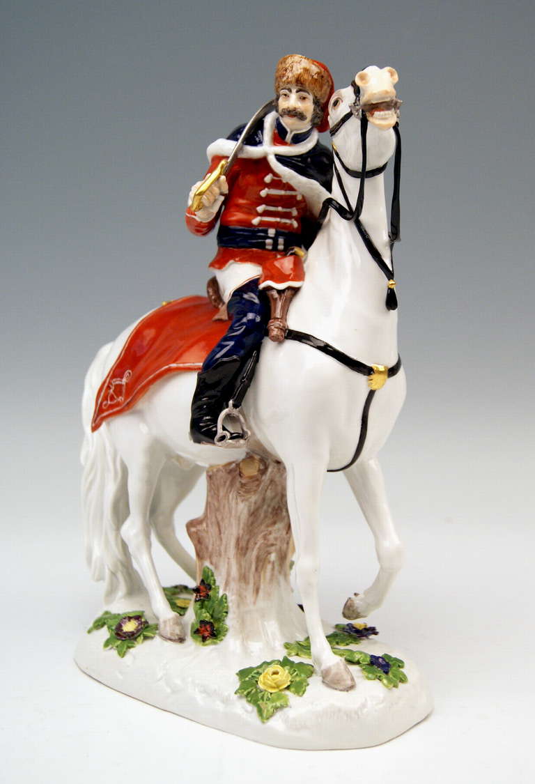 MEISSEN GORGEOUS FIGURINE  /  HUSSAR WITH SABRE RIDING ON HORSE

MADE  CIRCA 1860 / 70
HEIGHT:     27 cm   (circa 10.8  inches)
LENGTH:   23 cm   (circa    9.2  inches)

MEISSEN BLUE SWORD MARK WITH POMMELS ON HILTS  (underglazed)
MODEL