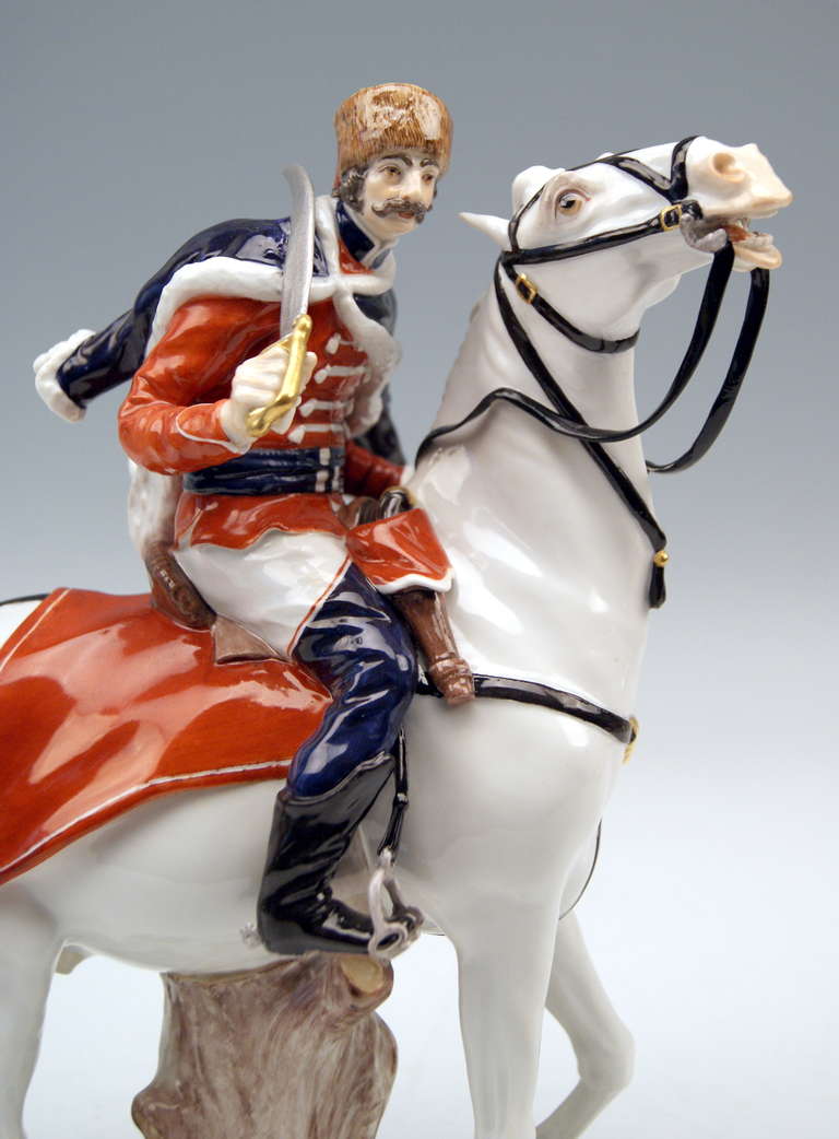 19th Century MEISSEN FIGURINE HUSSAR RIDING ON HORSE  c. 1860 / 70