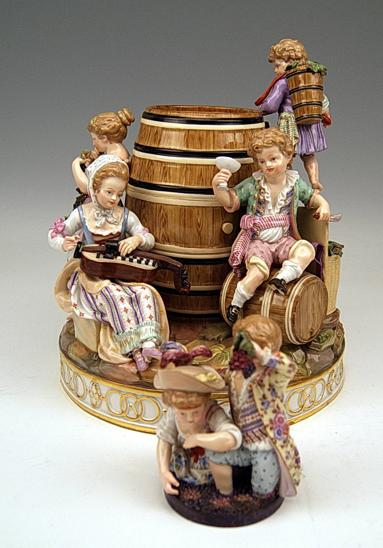 German Meissen Porcelain Children and Wine Cask Figure by Schoenheit, circa 1860