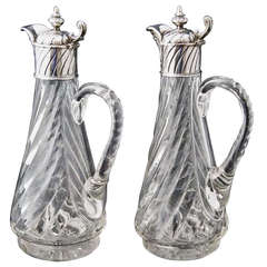 German Pair Of Glass Decanters / Carafes With Silver Mounting C.1890