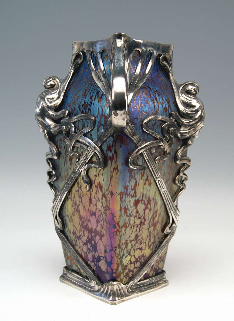 Vase Loetz Widow Klostermuehle Bohemia Art Nouveau c.1906 Candia Papillon & Gorgeous Metal Overlay 2