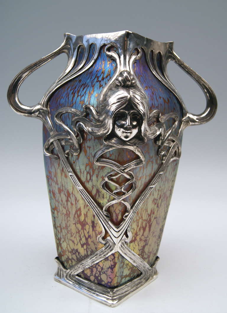 Austrian Vase Loetz Widow Klostermuehle Bohemia Art Nouveau c.1906 Candia Papillon & Gorgeous Metal Overlay